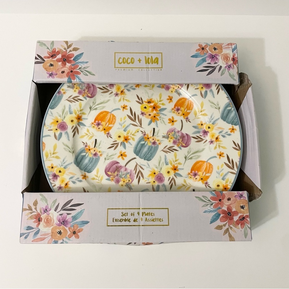 Coco + Lola Premium Collection Set of 4 Floral Pumpkin Dinner Plates 10.5 in